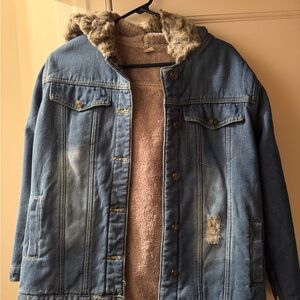 Denim Sherpa-Lined Jacket in Blue with Taupe Sherpa